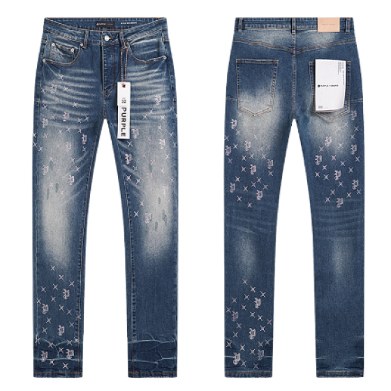 Light Blue Washed Slim Denim Jeans with "PURPLE" Monogram Embroidery